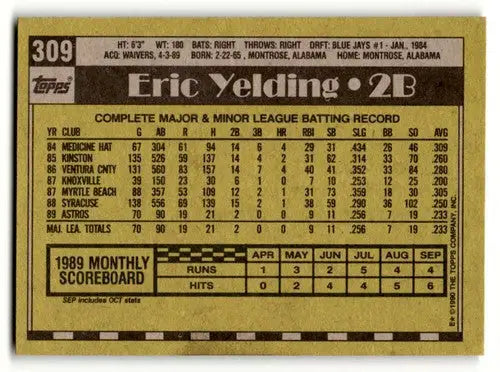 Eric Yelding Houston Astros baseball card from 1990 Topps #309 in EX/NM condition
