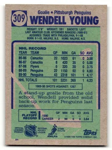 1990 Topps #309 Wendell Young Pittsburgh Penguins Hockey Cards NM Ne ID:55536 - Hockey Card Single