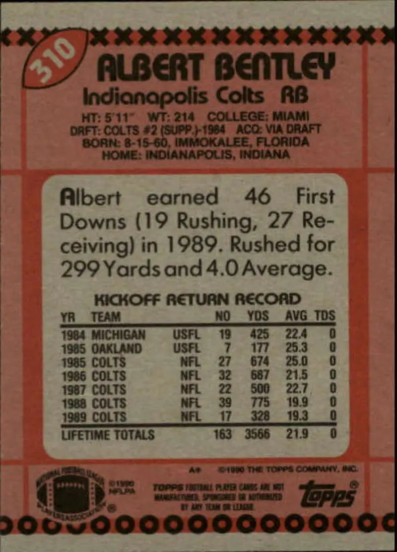 1990 Topps #310 Albert Bentley EX Excellent Indianapolis Colts Football Card - Football Card Single