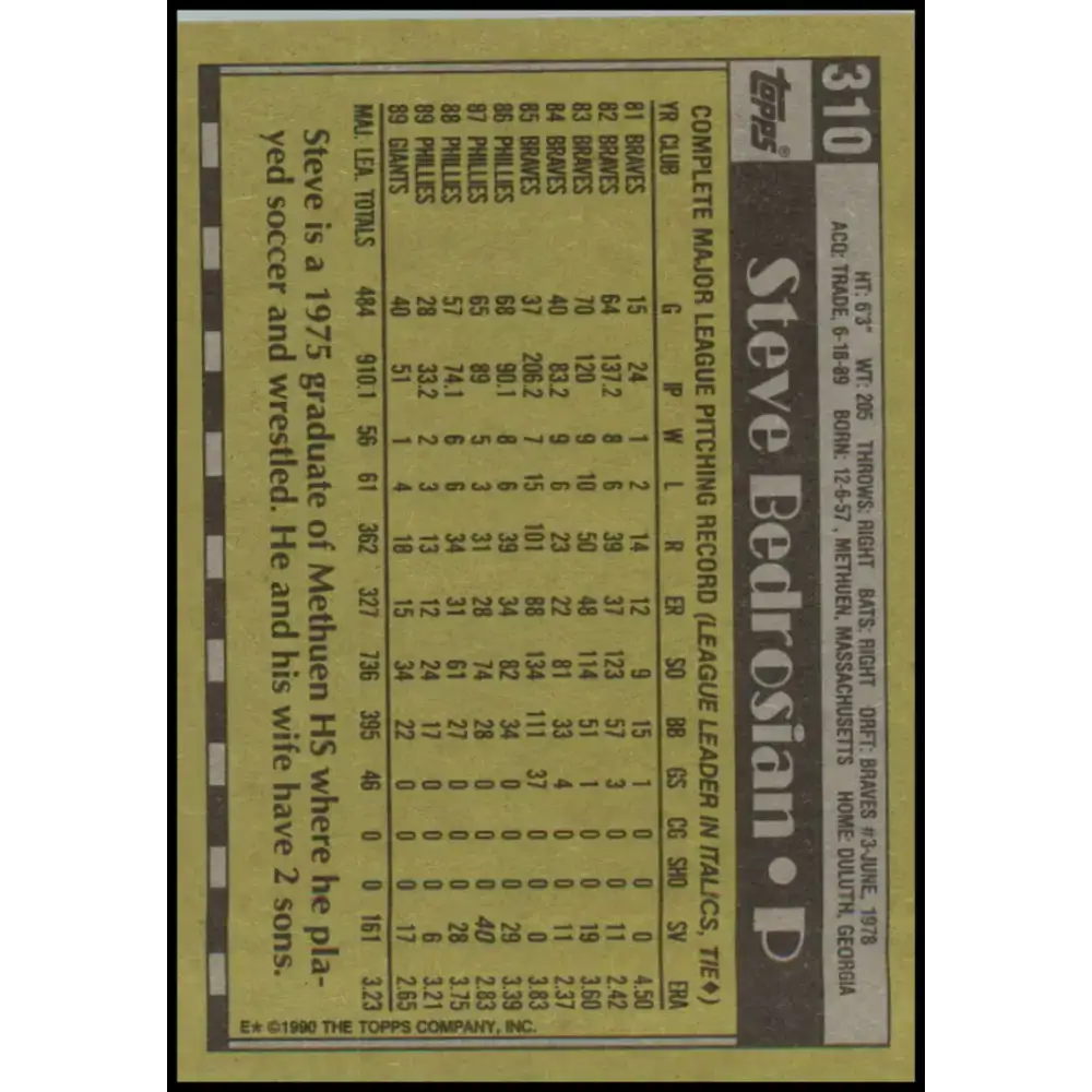 1990 Topps #310 Steve Bedrosian NM-MT San Francisco Giants Baseball Card - Baseball Card Single