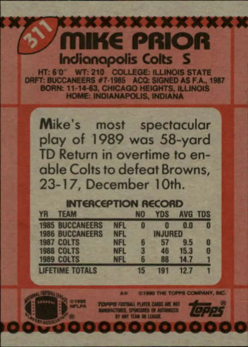 1990 Topps #311 Mike Prior EX Excellent Indianapolis Colts Football Card - Football Card Single
