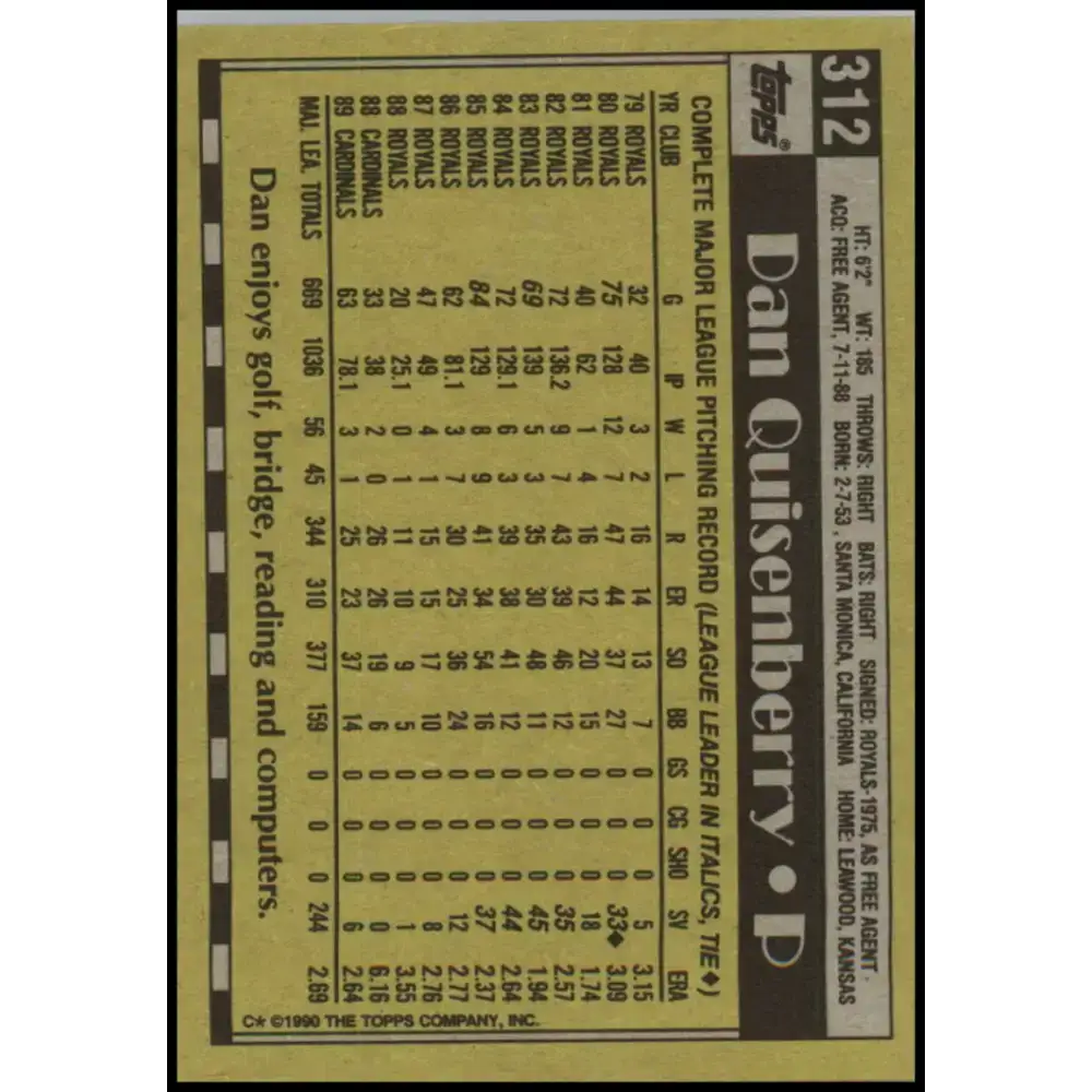 1990 Topps #312 Dan Quisenberry NM-MT St. Louis Cardinals Baseball Card - Baseball Card Single