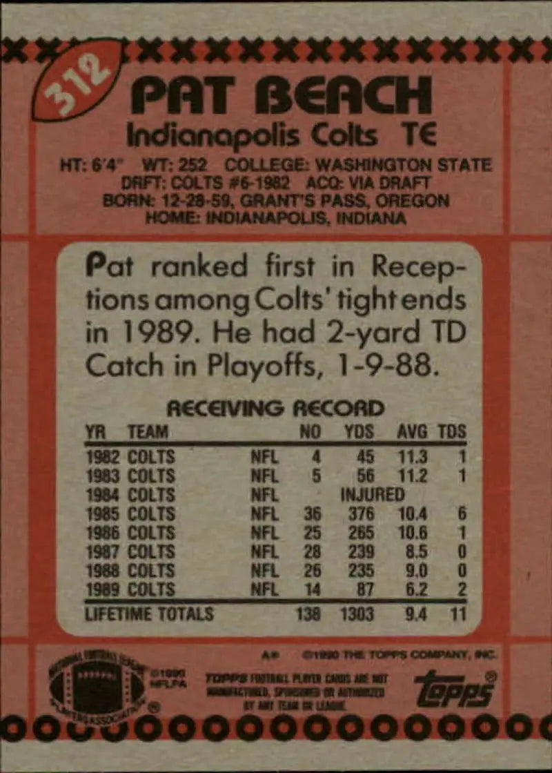 1990 Topps #312 Pat Beach EX Excellent Indianapolis Colts Football Card - Football Card Single