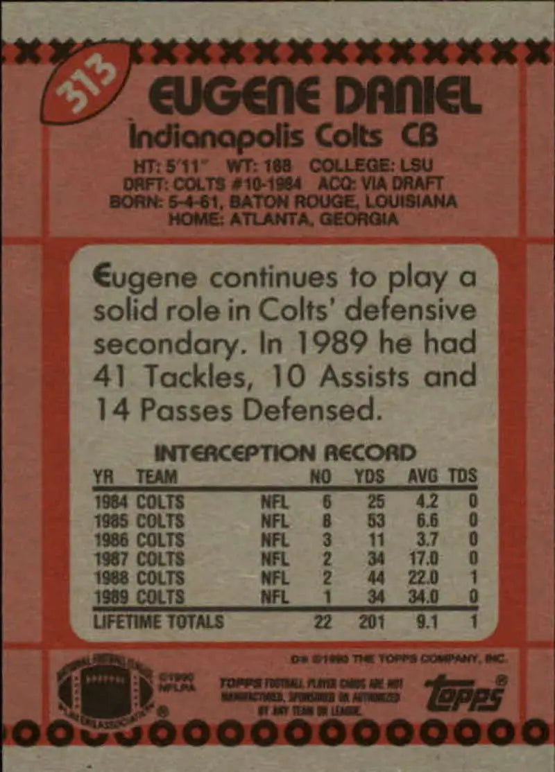1990 Topps #313 Eugene Daniel EX Excellent Indianapolis Colts Football Card - Football Card Single