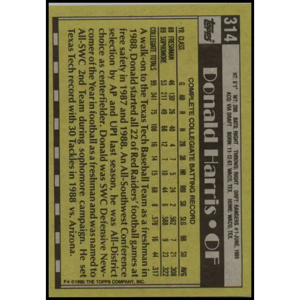 1990 Topps #314 Donald Harris FDP NM-MT RC Rookie Texas Rangers Baseball Card - Baseball Card Single