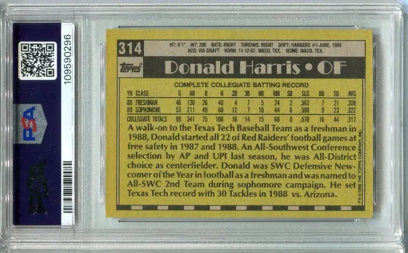 1990 TOPPS #314 DONALD HARRIS RC Signed PSA 7 DNA 8 Texas Rangers AUTO Pop 1 - Baseball Card Single