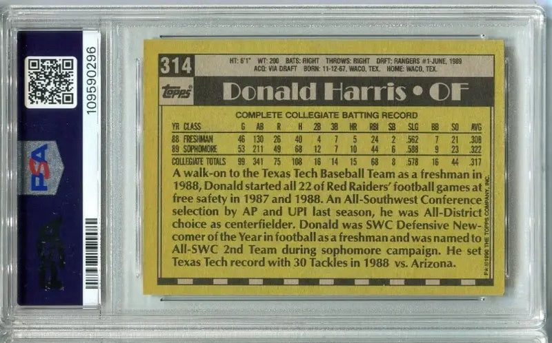 1990 TOPPS #314 DONALD HARRIS RC Signed PSA 7 DNA 8 Texas Rangers AUTO Pop 1 - Baseball Card Single