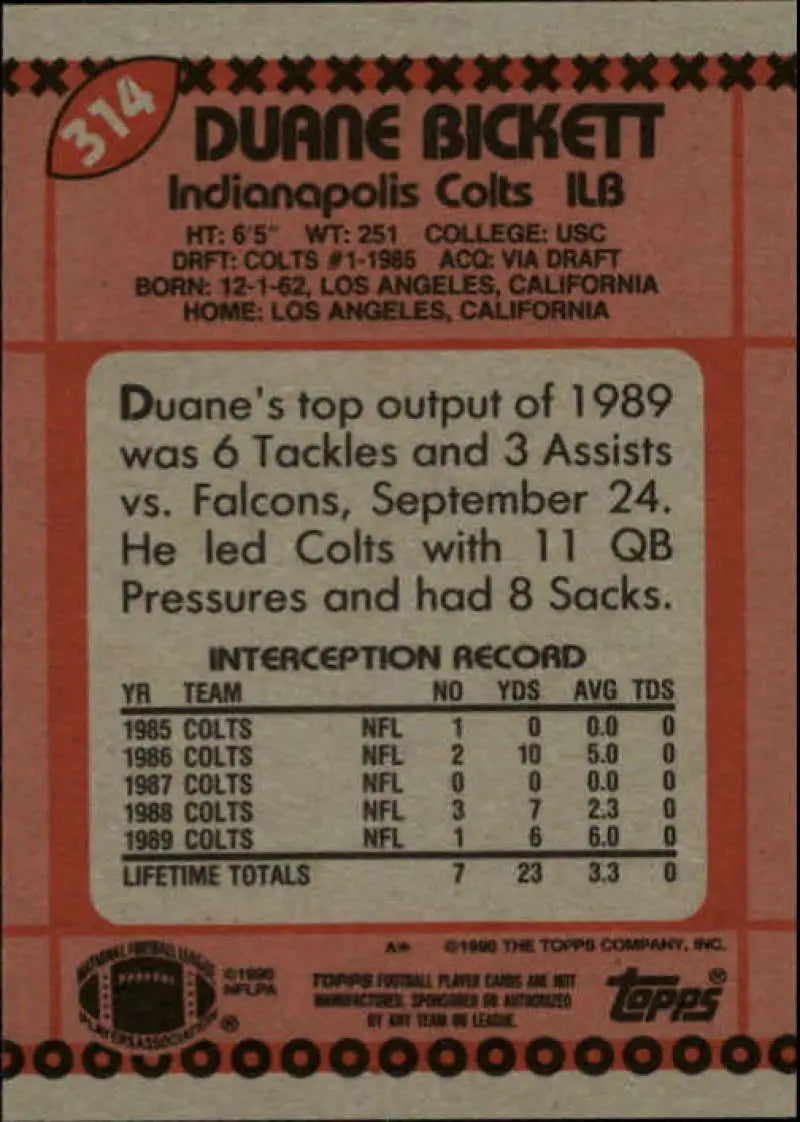 1990 Topps #314 Duane Bickett EX Excellent Indianapolis Colts Football Card - Football Card Single