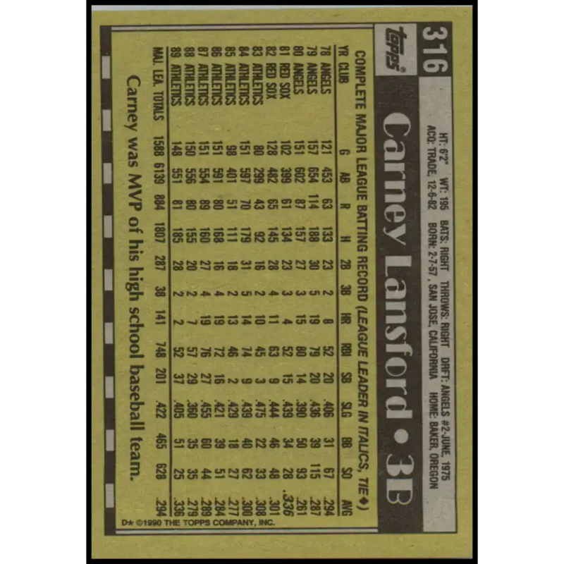 1990 Topps #316 Carney Lansford NM-MT Oakland Athletics Baseball Card - Baseball Card Single