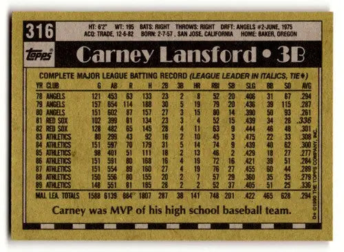 1990 Topps #316 Carney Lansford Oakland Athletics Baseball Cards EX/ ID:53594 - Baseball Card Single