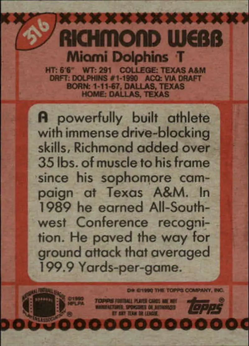 1990 Topps #316 Richmond Webb EX Excellent RC Rookie Miami Dolphins Football Card - Football Card Single