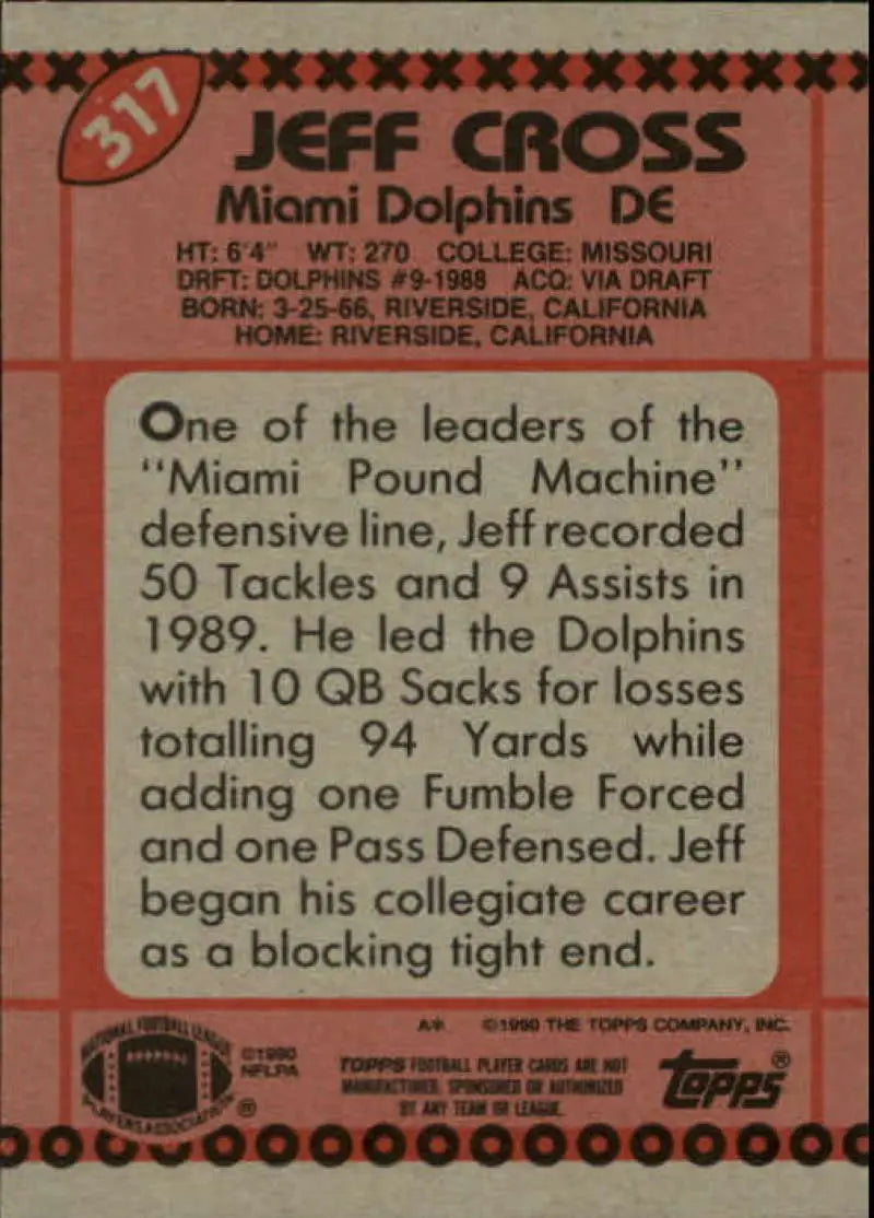 1990 Topps #317 Jeff Cross EX Excellent Miami Dolphins Football Card - Football Card Single