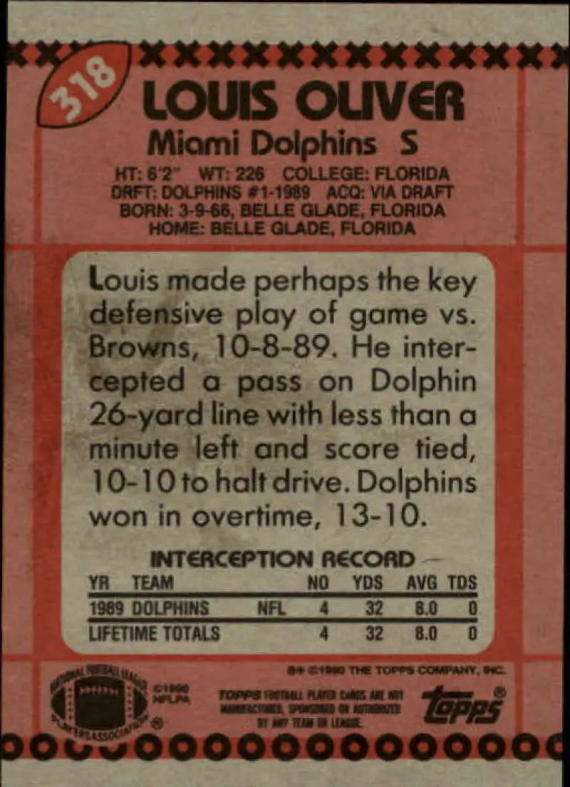 1990 Topps #318 Louis Oliver EX Excellent Miami Dolphins Football Card - Football Card Single