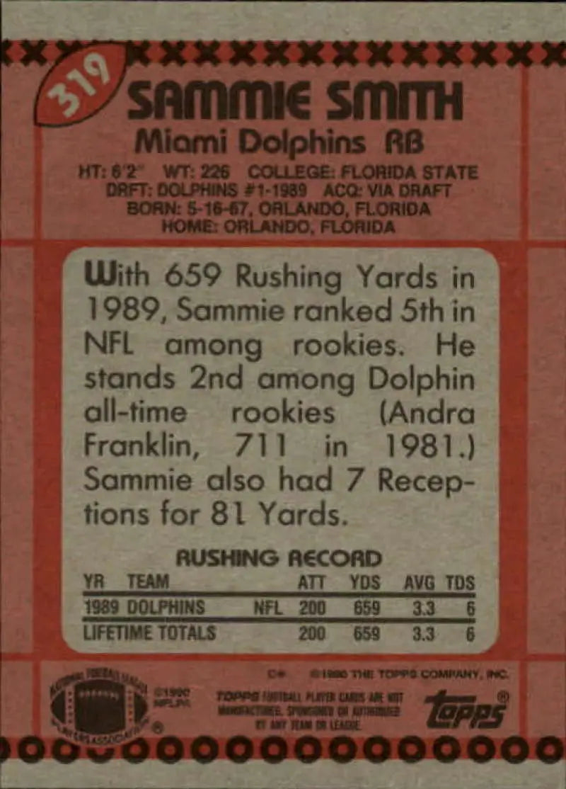 1990 Topps #319 Sammie Smith EX Excellent Miami Dolphins Football Card - Football Card Single