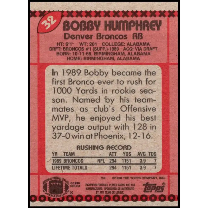 1990 Topps #32 Bobby Humphrey EX Excellent RC Rookie Denver Broncos Football Card - Football Card Single