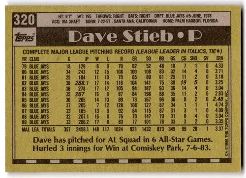 1990 Topps #320 Dave Stieb NM Near Mint Blue Jays ID:43450 - Baseball Card Single