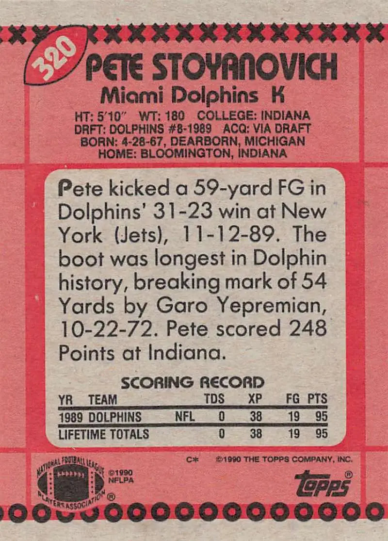 1990 Topps #320 Pete Stoyanovich EX Excellent Miami Dolphins Football Card - Football Card Single