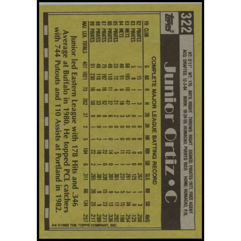 1990 Topps #322 Junior Ortiz NM-MT Pittsburgh Pirates Baseball Card - Baseball Card Single
