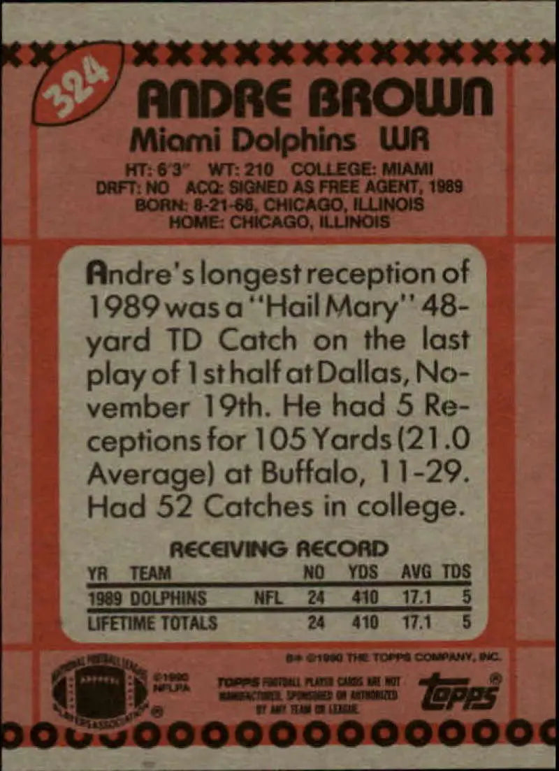 1990 Topps #324 Andre Brown EX Excellent Miami Dolphins Football Card - Football Card Single