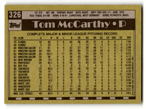 Original gloss Tom McCarthy baseball card from 1990 Topps #326 featuring White Sox player