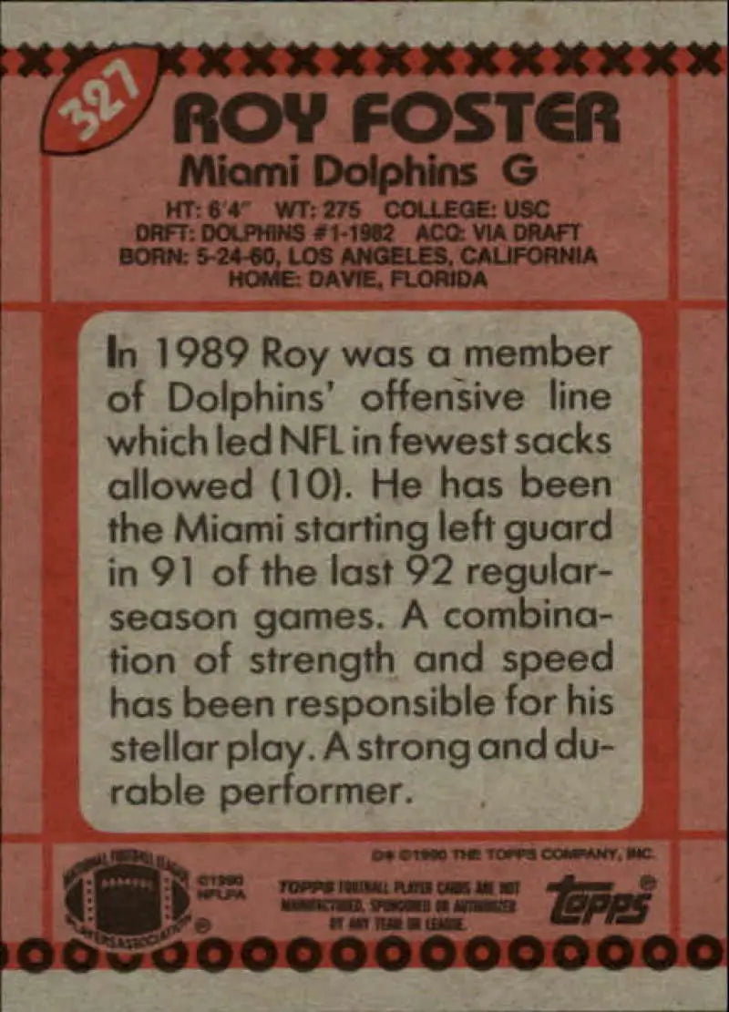 1990 Topps #327 Roy Foster EX Excellent Miami Dolphins Football Card - Football Card Single