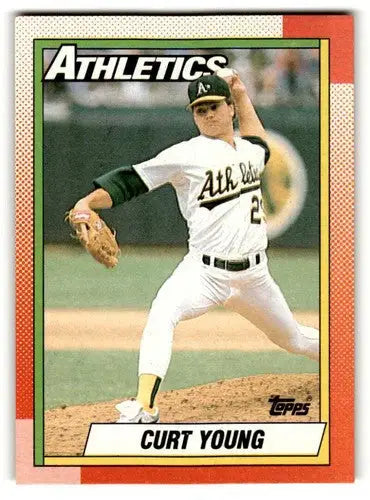 Original gloss Curt Young Oakland baseball card from 1990 Topps #328 featuring young Oakland Athletics