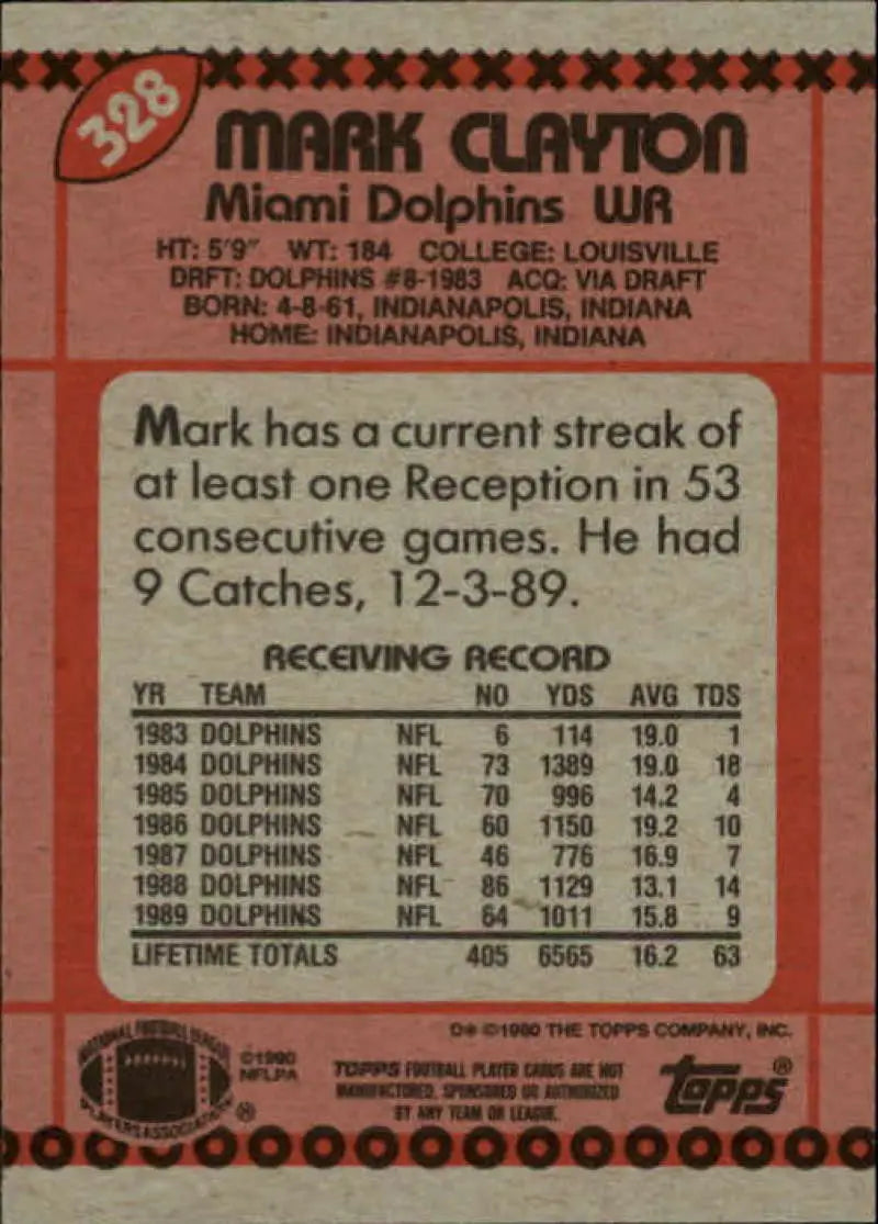 1990 Topps #328 Mark Clayton EX Excellent Miami Dolphins Football Card - Football Card Single