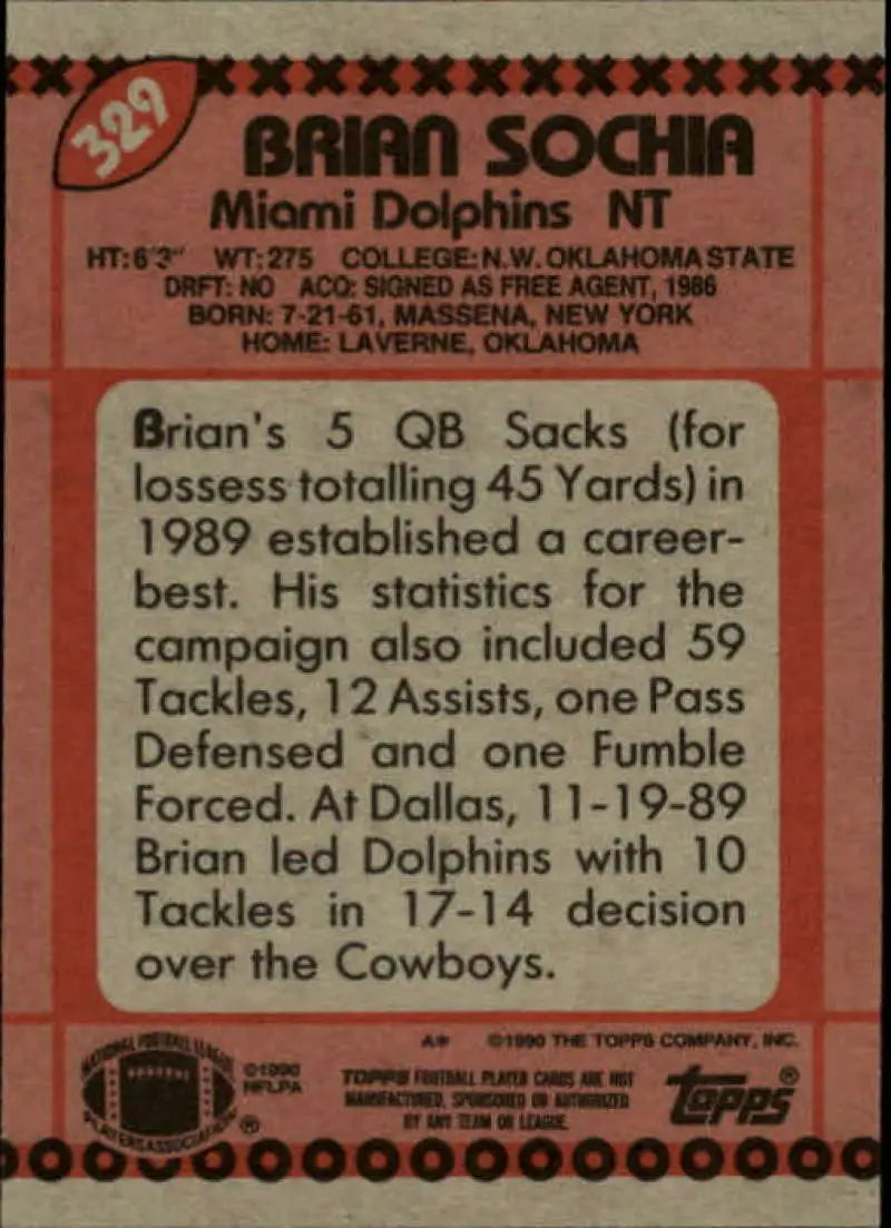 1990 Topps #329 Brian Sochia EX Excellent Miami Dolphins Football Card - Football Card Single