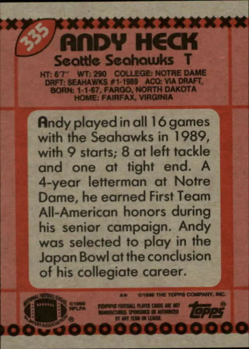 1990 Topps #335 Andy Heck EX Excellent Seattle Seahawks Football Card - Football Card Single