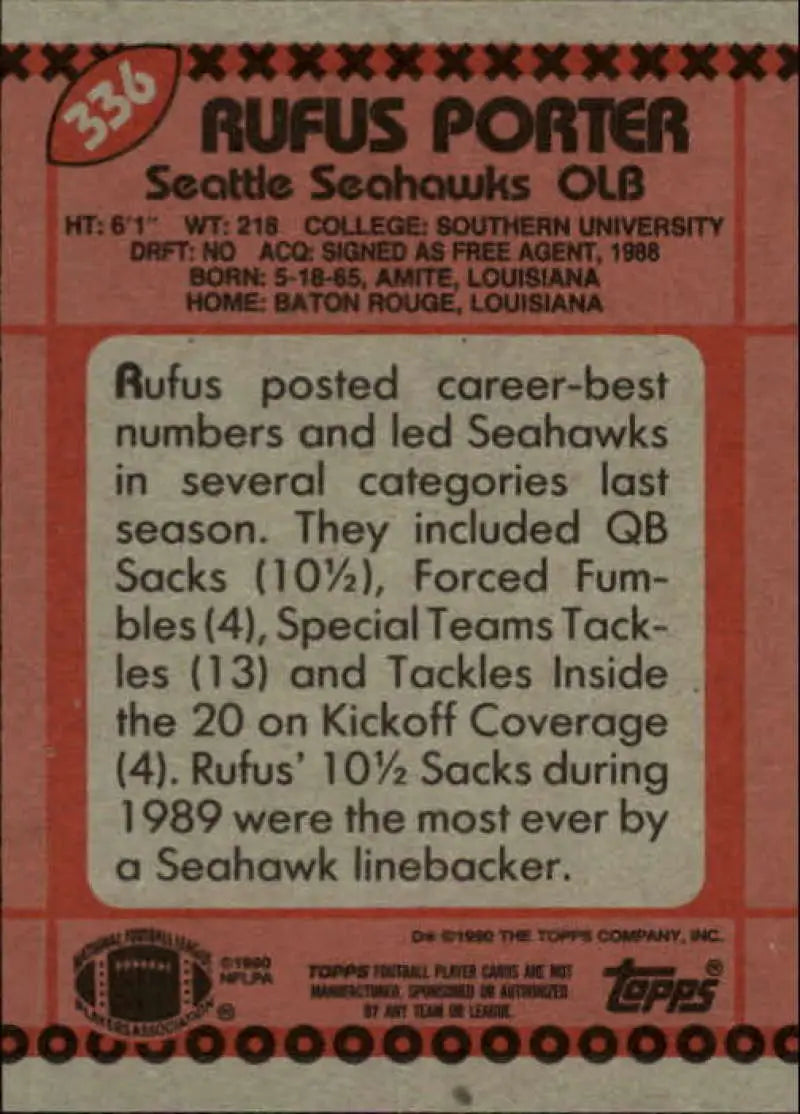 1990 Topps #336 Rufus Porter EX Excellent Seattle Seahawks Football Card - Football Card Single