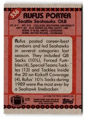 1990 Topps #336 Rufus Porter - Football Card Single