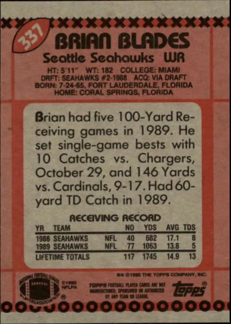 1990 Topps #337 Brian Blades EX Excellent Seattle Seahawks Football Card - Football Card Single
