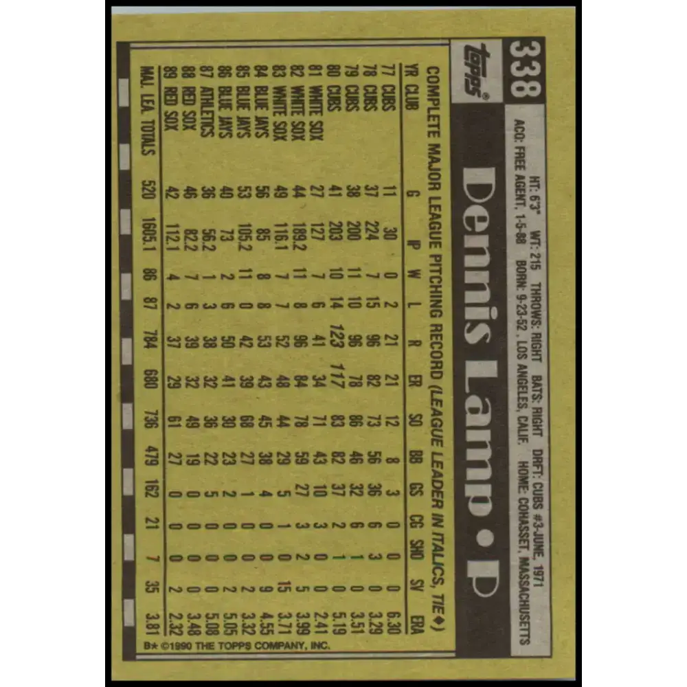1990 Topps #338 Dennis Lamp NM-MT Boston Red Sox Baseball Card - Baseball Card Single