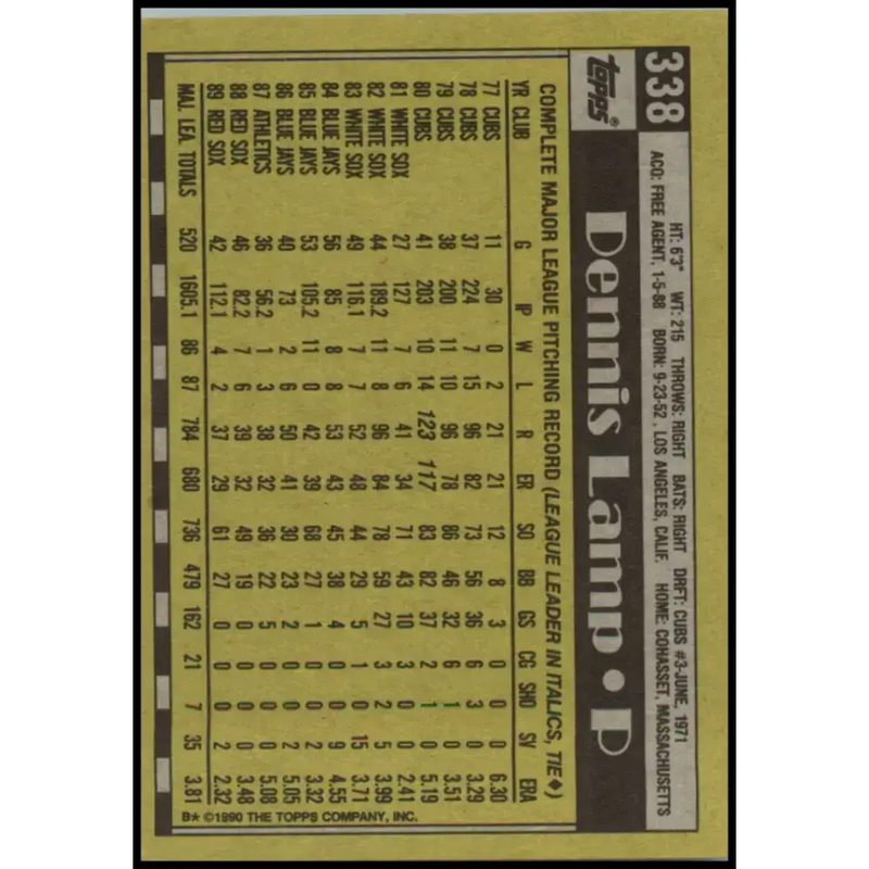 1990 Topps #338 Dennis Lamp NM-MT Boston Red Sox Baseball Card - Baseball Card Single