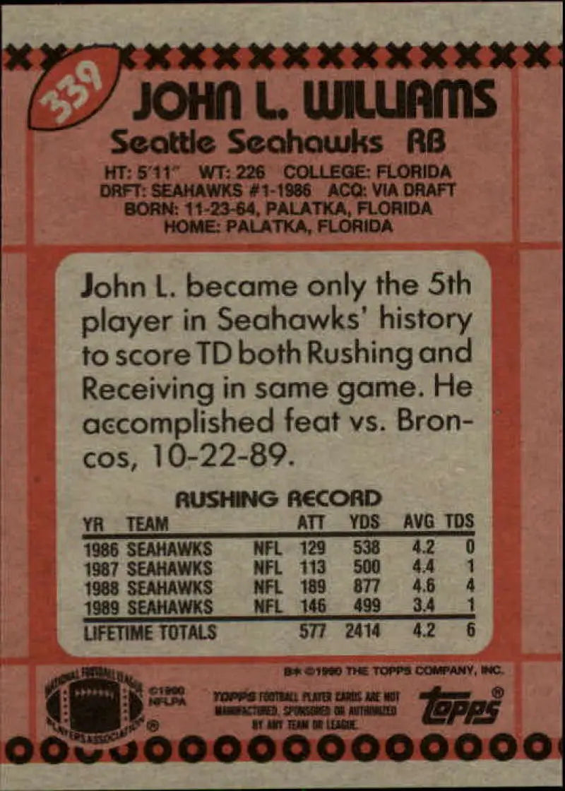 1990 Topps #339 John L. Williams EX Excellent Seattle Seahawks Football Card - Football Card Single