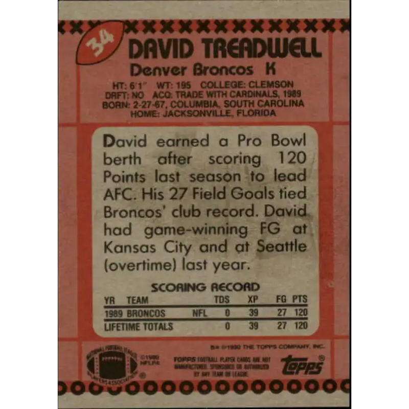 1990 Topps #34 David Treadwell EX Excellent Denver Broncos Football Card - Football Card Single