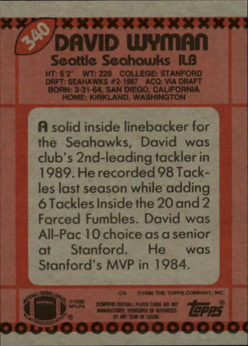 1990 Topps #340 David Wyman EX Excellent Seattle Seahawks Football Card - Football Card Single