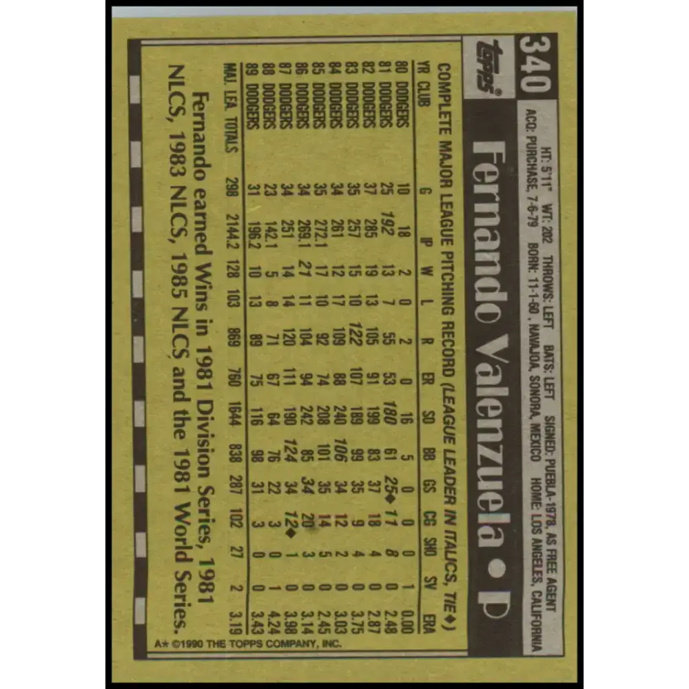 1990 Topps #340 Fernando Valenzuela NM-MT Los Angeles Dodgers Baseball Card - Baseball Card Single