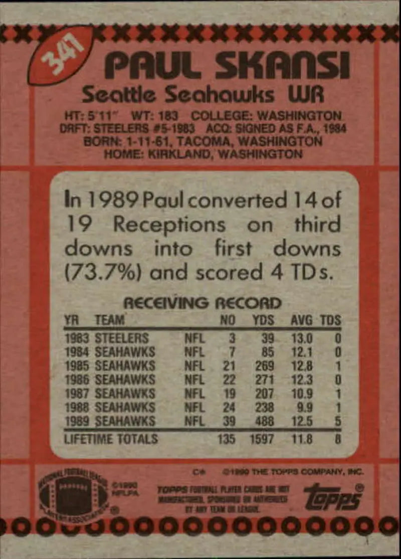 1990 Topps #341 Paul Skansi EX Excellent RC Rookie Seattle Seahawks Football Card - Football Card Single