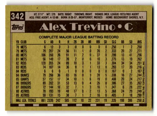 1990 Topps #342 Alex Trevino EX/NM Astros ID:56542 - Baseball Card Single