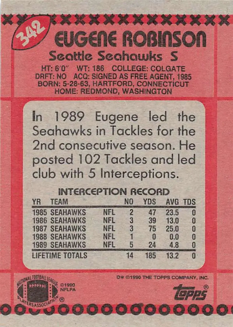 1990 Topps #342 Eugene Robinson EX Excellent Seattle Seahawks Football Card