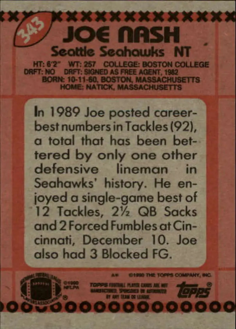 1990 Topps #343 Joe Nash EX Excellent Seattle Seahawks Football Card