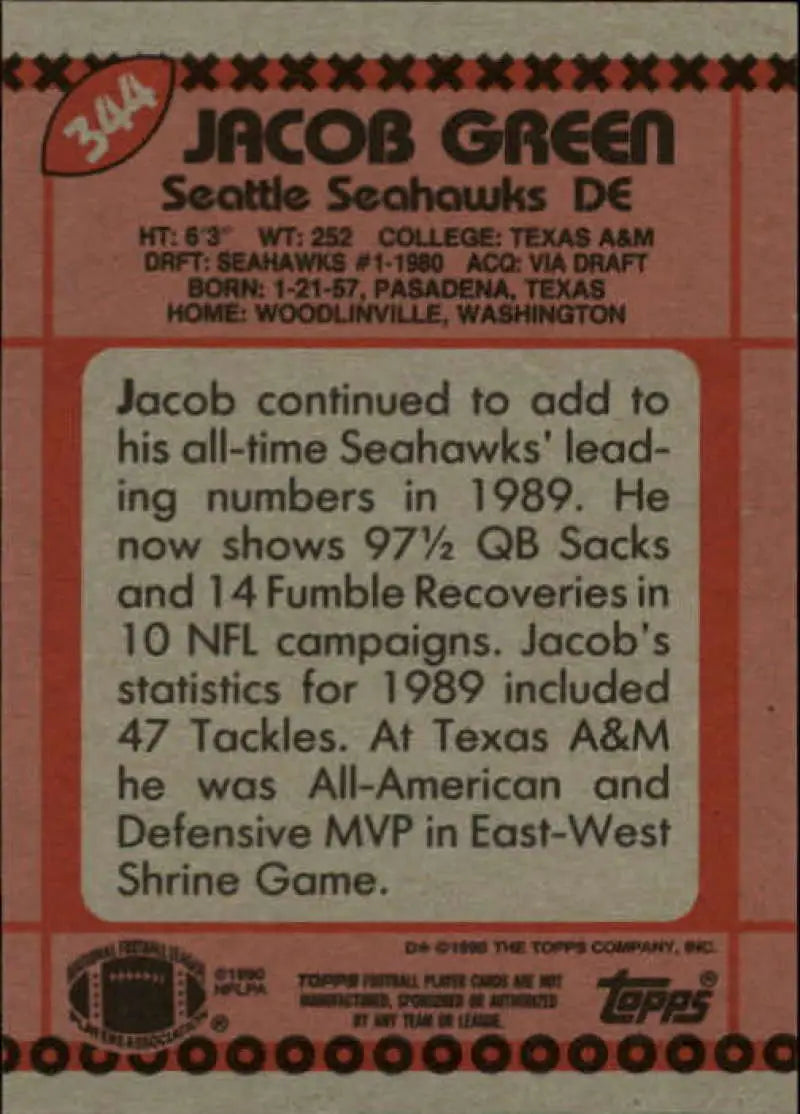 1990 Topps #344 Jacob Green EX Excellent Seattle Seahawks Football Card - Football Card Single