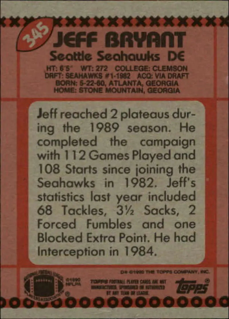1990 Topps #345 Jeff Bryant EX Excellent Seattle Seahawks Football Card