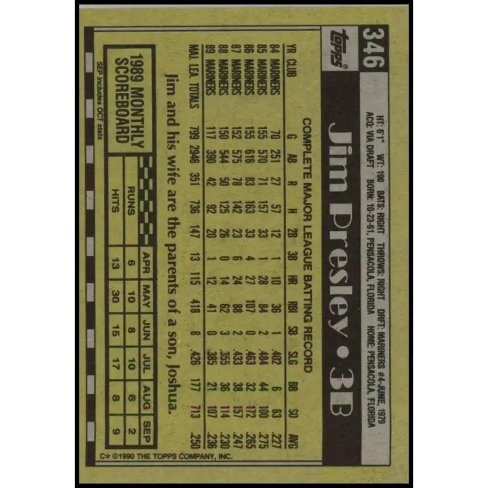1990 Topps #346 Jim Presley NM-MT Seattle Mariners Baseball Card - Baseball Card Single