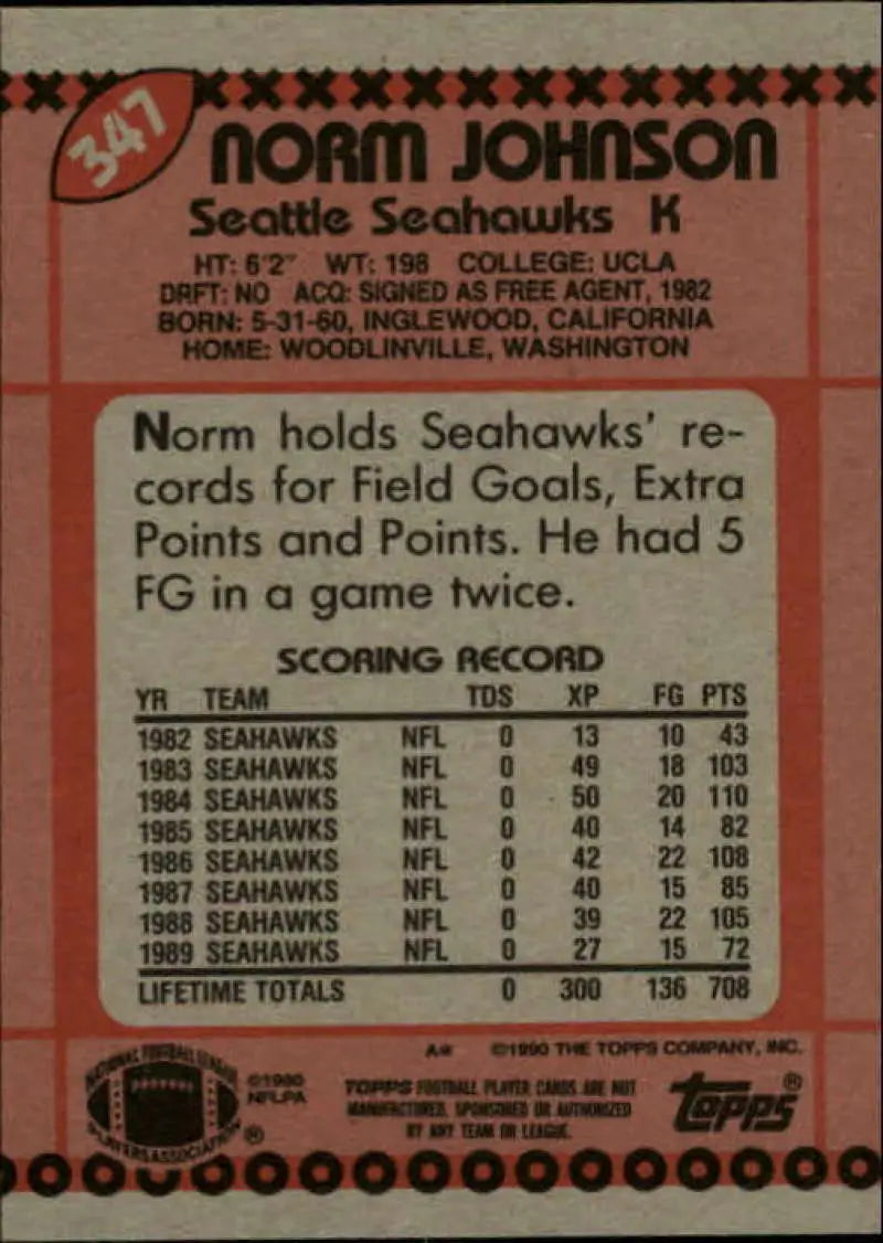 1990 Topps #347 Norm Johnson EX Excellent Seattle Seahawks Football Card - Football Card Single