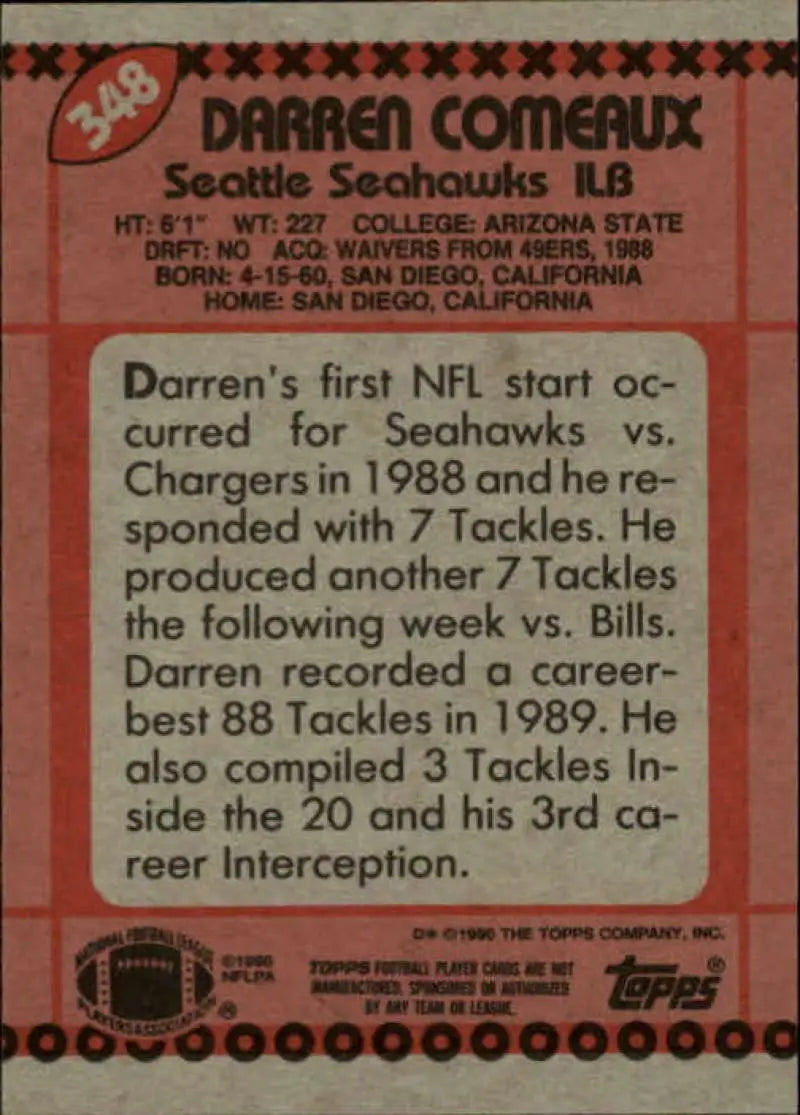 1990 Topps #348 Darren Comeaux EX Excellent RC Rookie Seattle Seahawks Football Card - Football Card Single