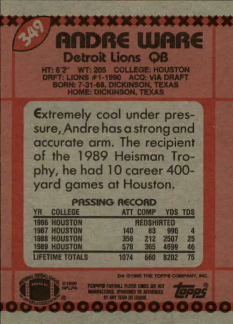 1990 Topps #349 Andre Ware EX Excellent RC Rookie Detroit Lions Football Card - Football Card Single