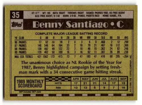 1990 Topps #35 Benny Santiago San Diego Padres Baseball Cards EX/NM ID:55653 - Baseball Card Single