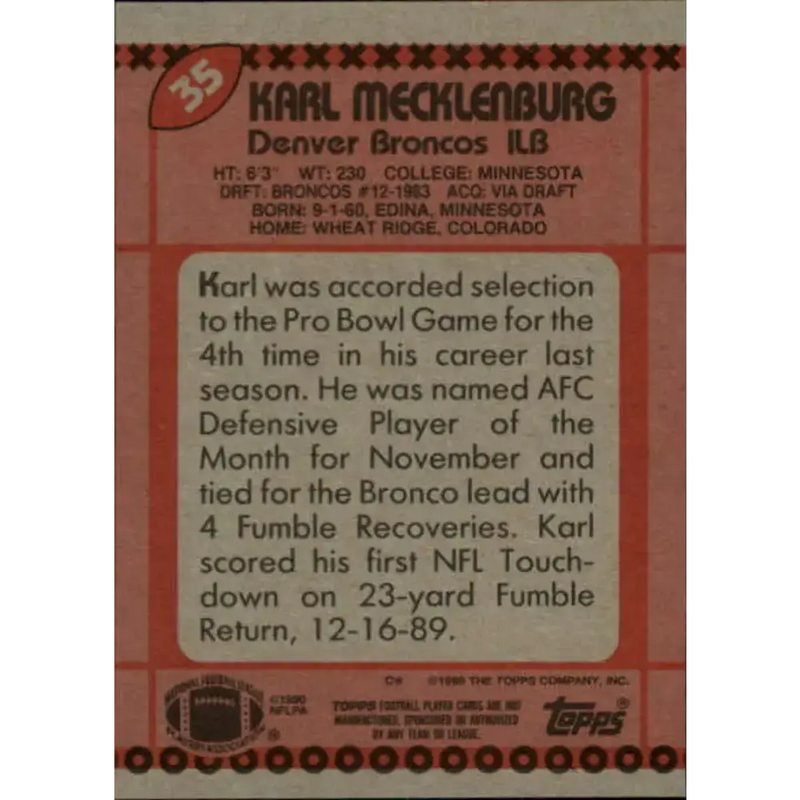 1990 Topps #35 Karl Mecklenburg EX Excellent Denver Broncos Football Card - Football Card Single